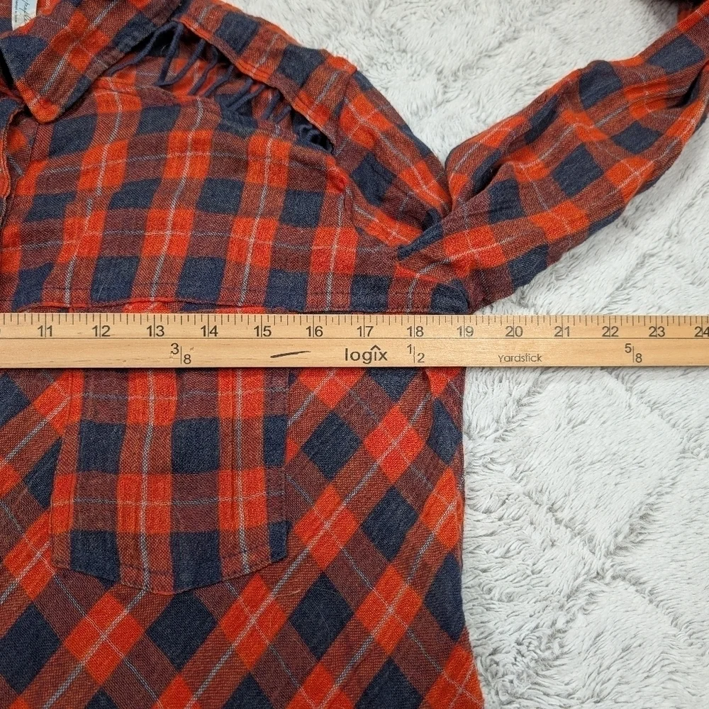 Free People Shirt Womens XS Orange Blue Plaid Lace Accent Snap Up Oversize Boho